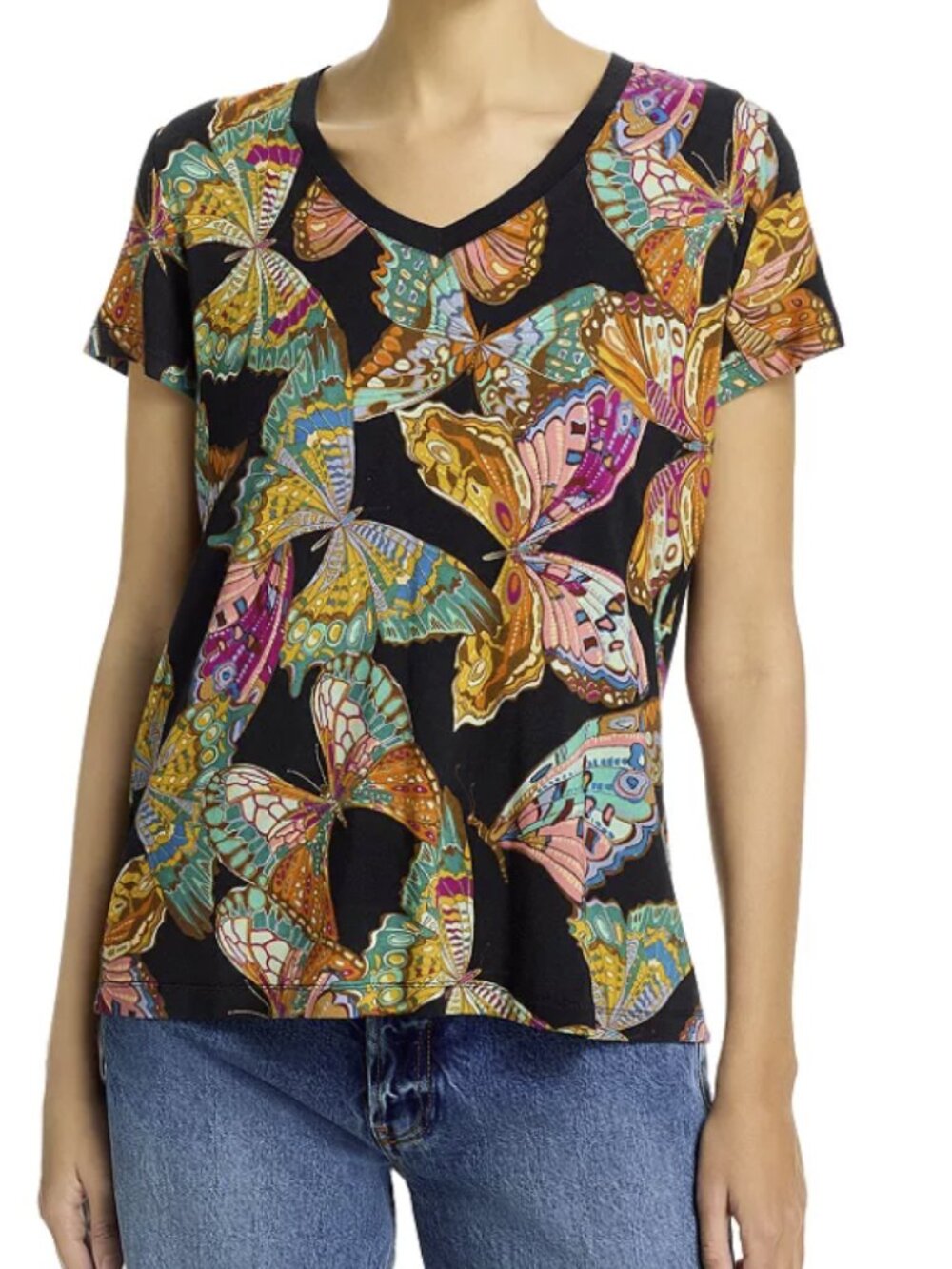 Johnny Was The Janie V-Neck Tee Size S Ofelia Black Butterflies $150 MSRP